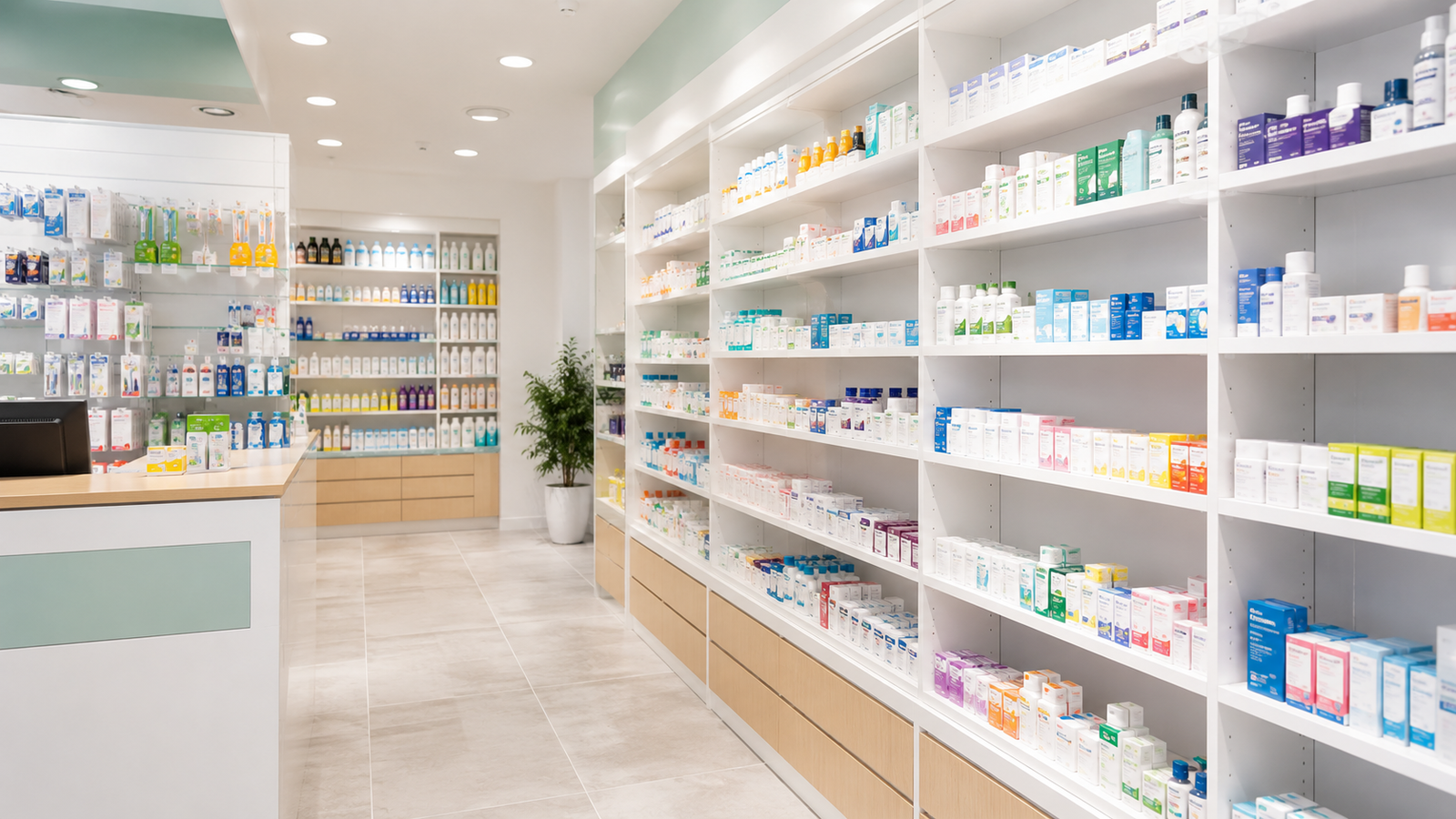 Inside Uptown Pharmacy — shelves stocked with health and wellness products